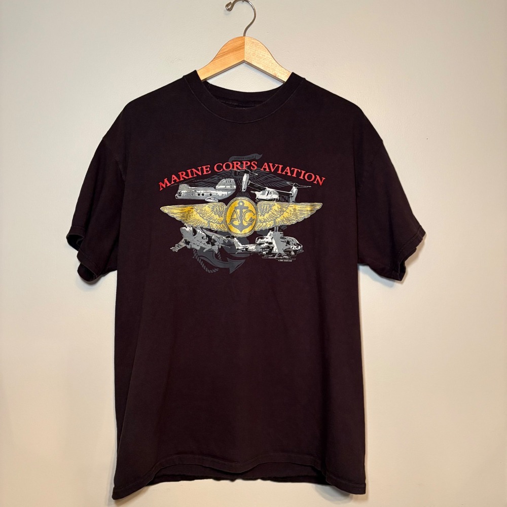 Hanes Beefy-T Marine Corp Aviation Graphic Shirt Mens XL Black USMC Military Tee